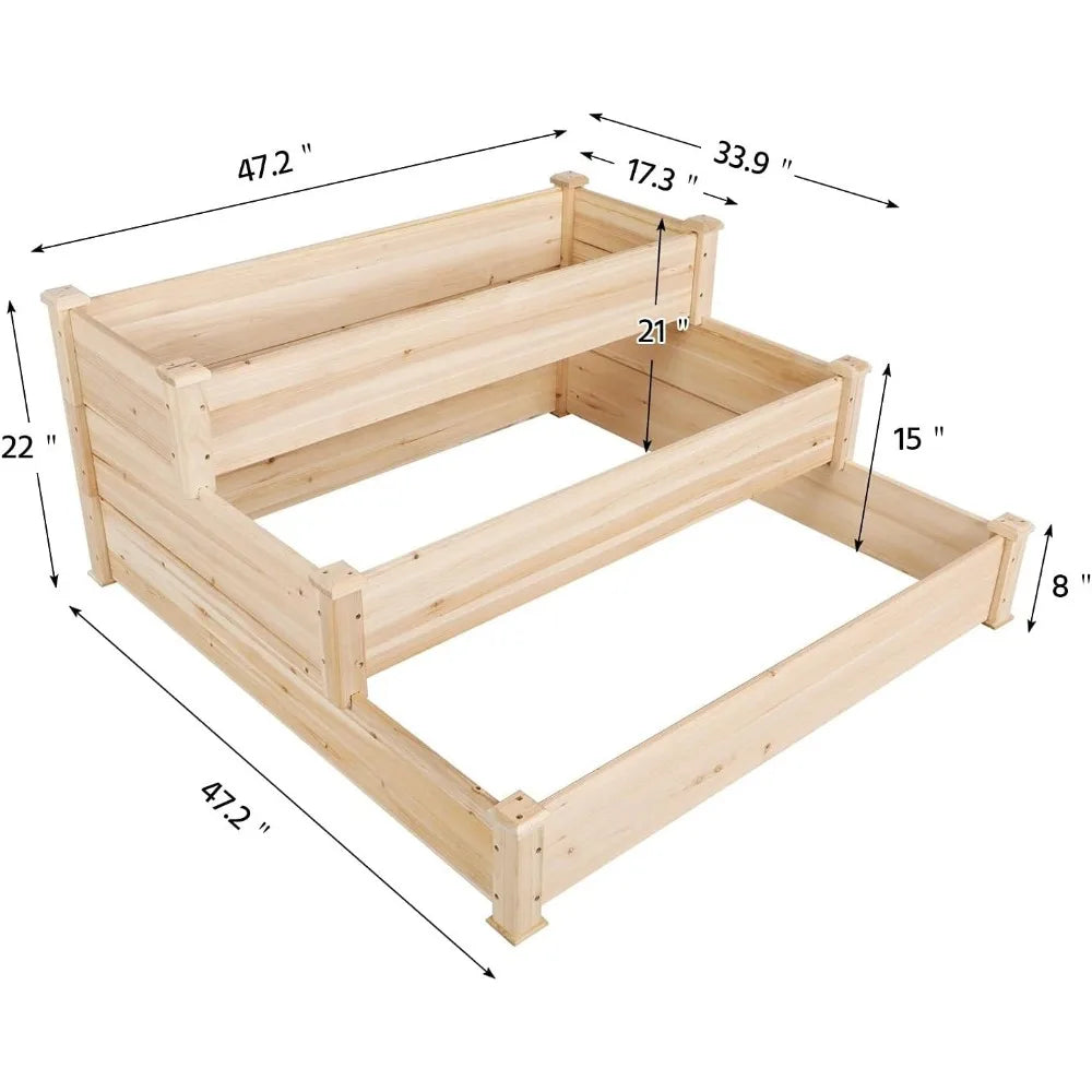 3 Tier 47 x 47 x 22in Raised Garden Bed Horticulture Outdoor Elevated Flower Box Tiered Wooden Vegetables Growing Planter