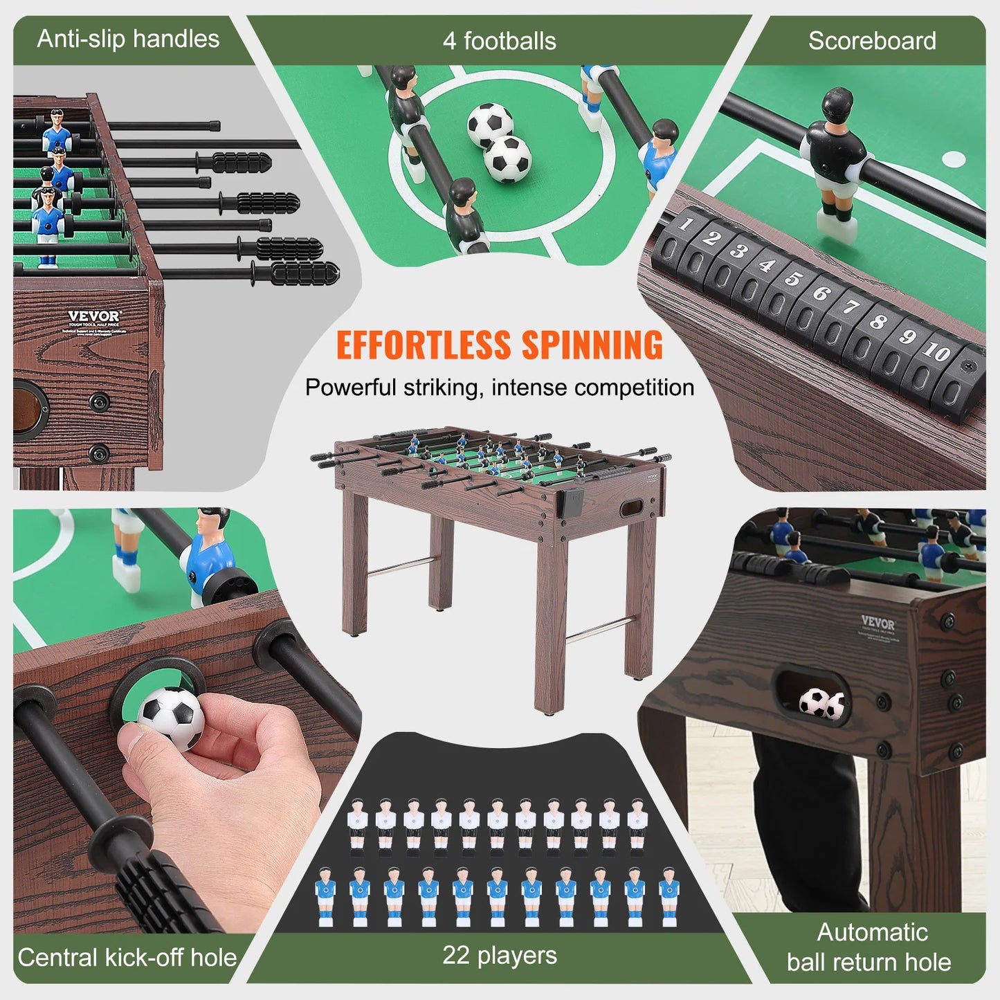 VEVOR Foosball Table 48in Standard Size for Home Family and Game Room with Foosball Table Set Includes 2 Balls 2 Cup Holders