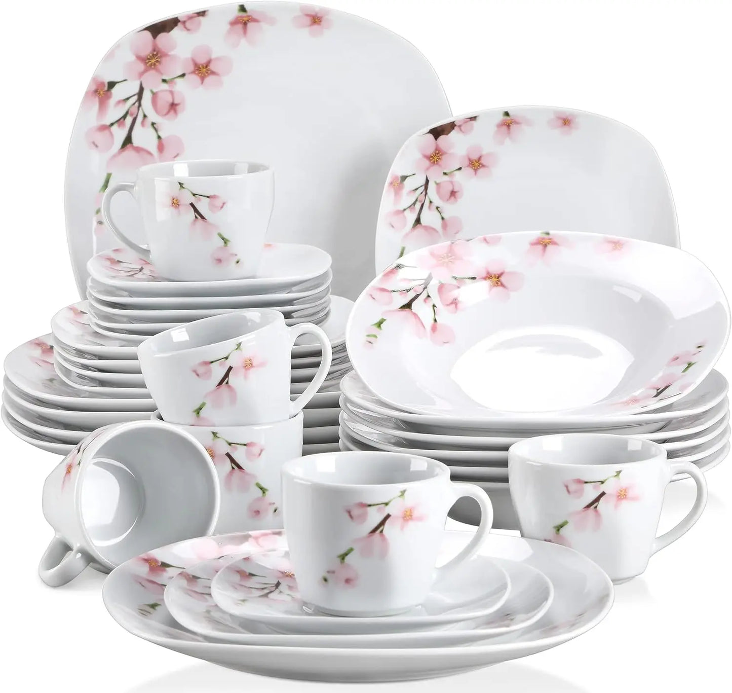 VEWEET, Series Annie, Porcelain Dinnerware Sets for 6, White Dish Set with Pink Floral, 30 PCS Dinner Sets Including Dinner