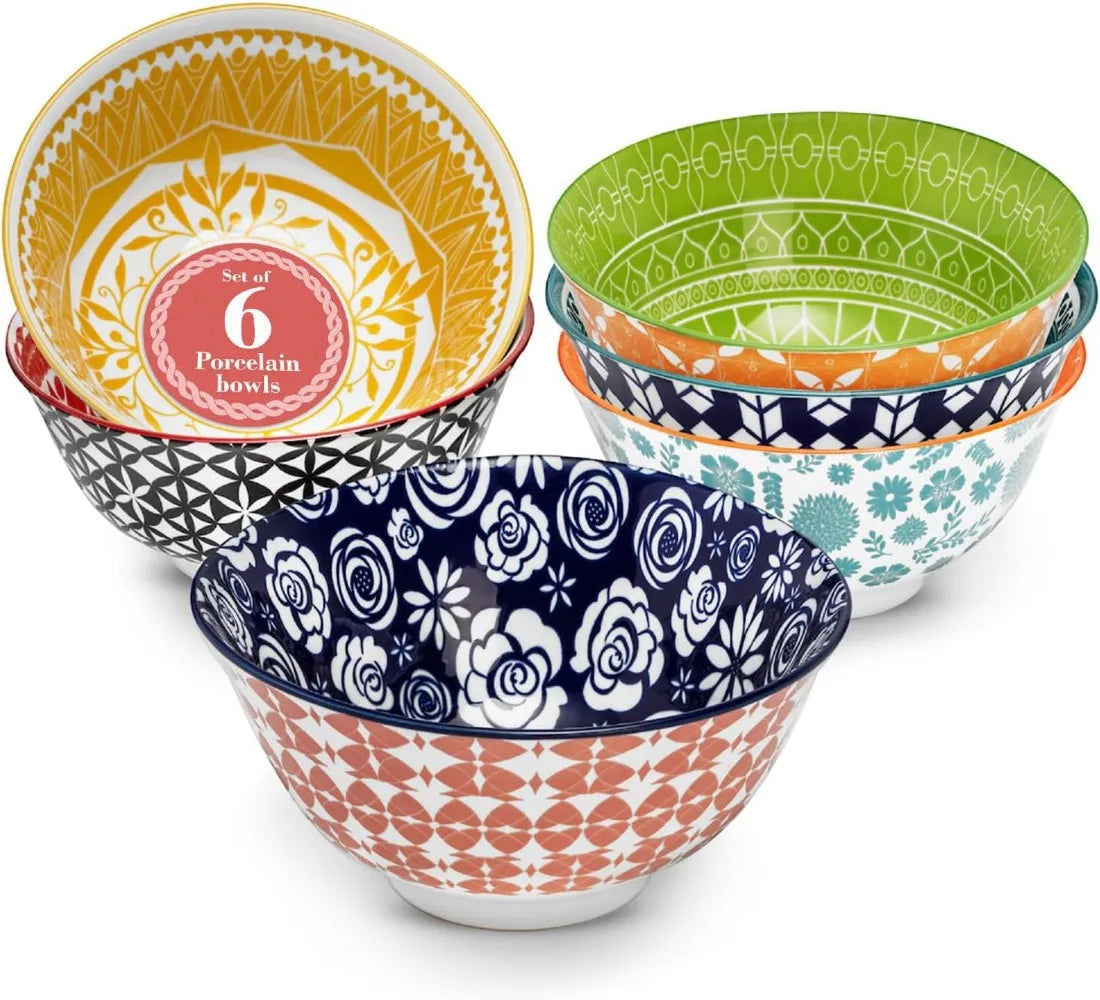 Annovero 23 Oz Bowls | Deep Cereal Bowls Set of 6 | Colorful Porcelain Bowls for Serving Breakfast, or Small Dish of Soup