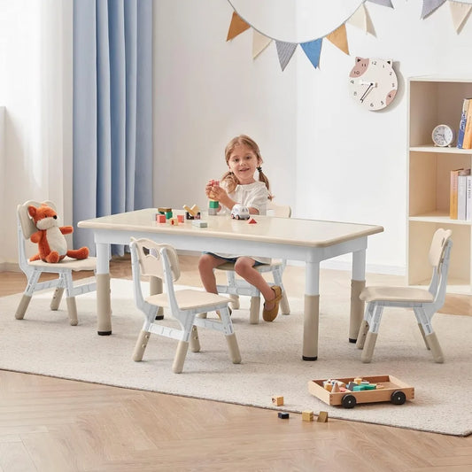 Toddler Table and Chairs Set for 4, 47.2''L x 23.6''W Kids Study Table and Chair Set, Height-Adjustable, Graffiti Desktop