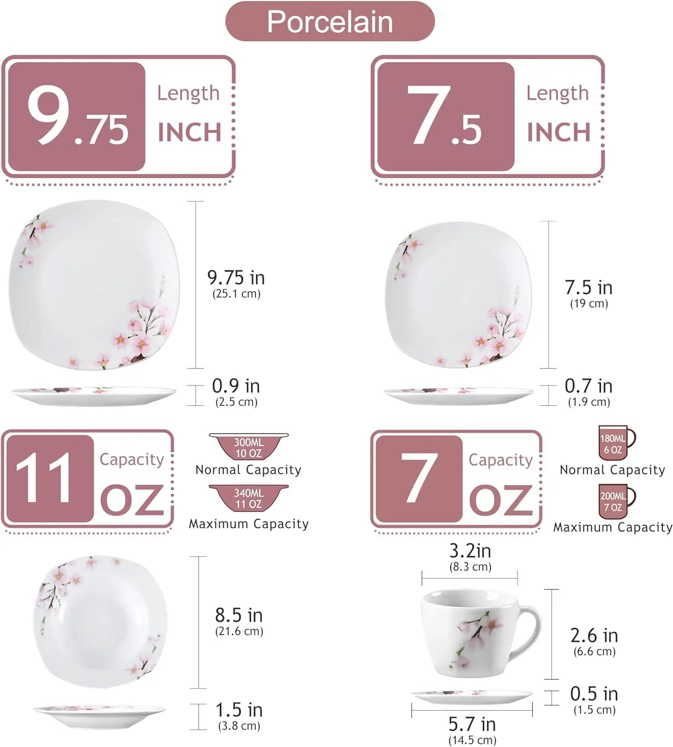 VEWEET, Series Annie, Porcelain Dinnerware Sets for 6, White Dish Set with Pink Floral, 30 PCS Dinner Sets Including Dinner