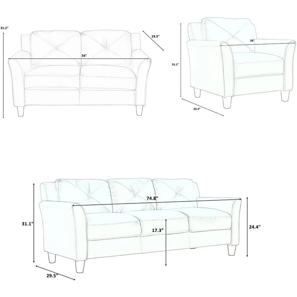 3-piece sectional sofa living room, modern button-tufted sectional sofa set with sofa, loveseat and armchair