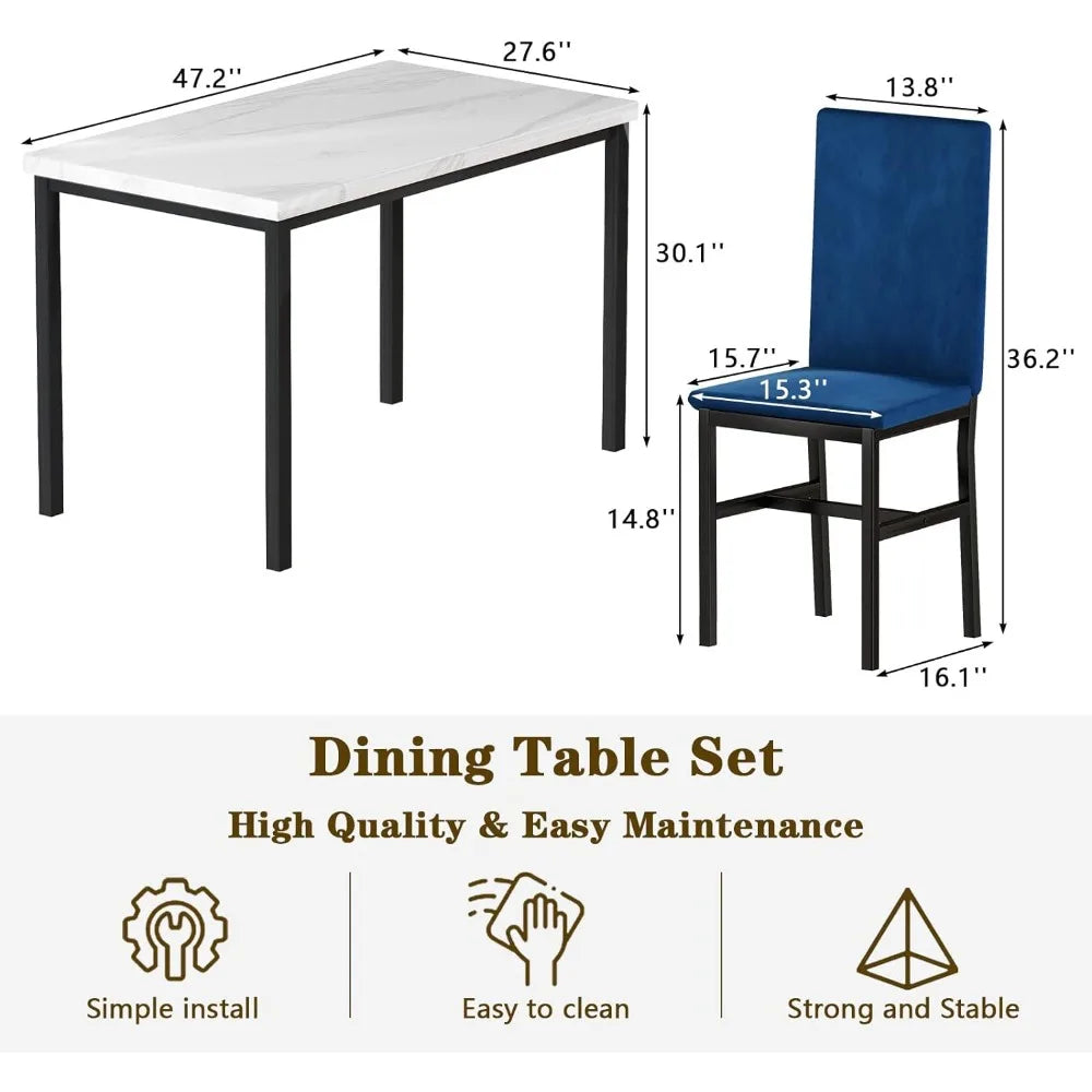 Dining Table Set for 4- Space Saving Kitchen Table and Chairs for 4, Modern Style Faux Marble Tabletop & 4 Blue Velvet Chairs