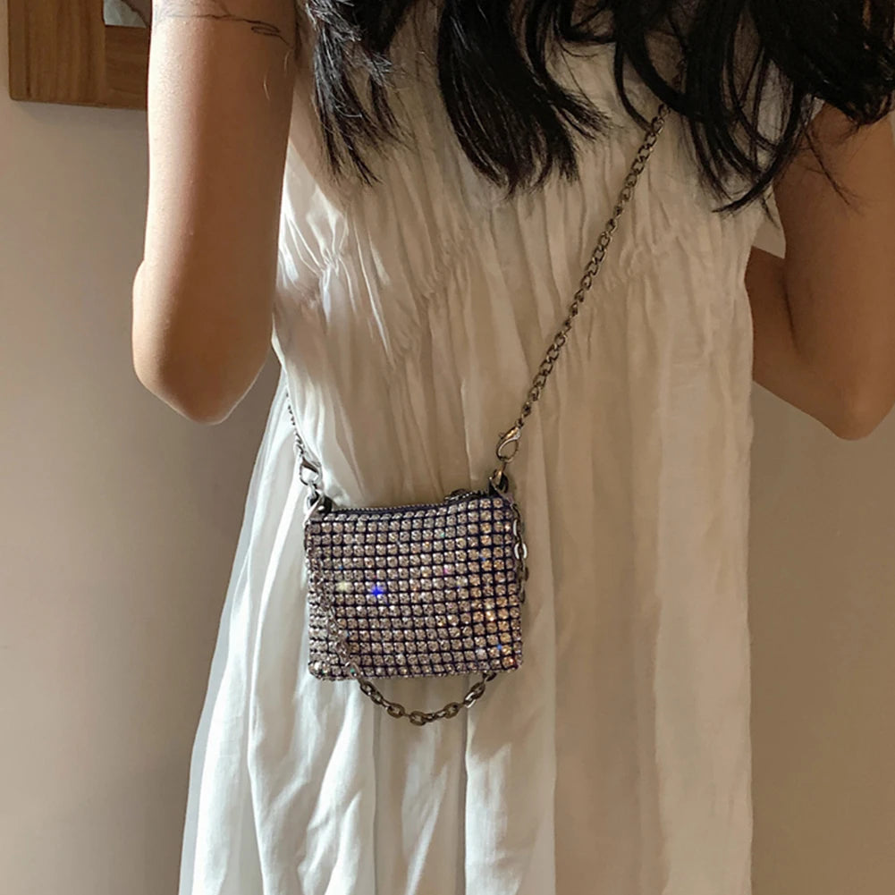 2023 Trend Mini Rhinestone Square Bag Metal Double Chain Shoulder Bag Sparking Y2K Style Party Bag Diamond Coin Purse