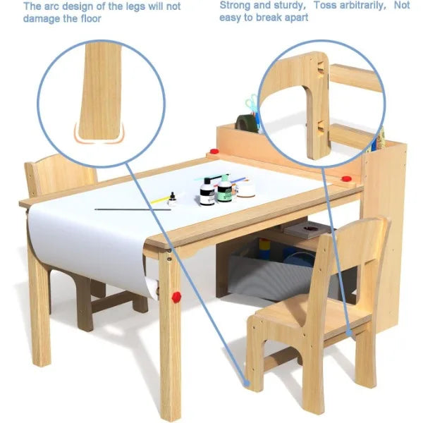 GDLF Kids Art Table and 2 Chairs, Wooden Drawing Desk, Activity & Crafts, Children's Furniture, 42x23