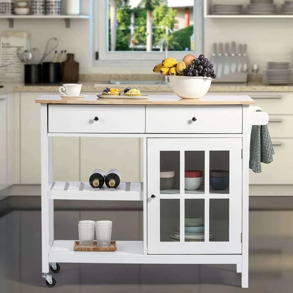 Portable kitchen island trolley with wooden top drawer and glass door cabinet, wine rack, towel rack, white color