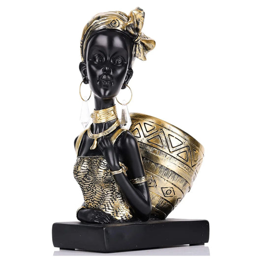 Resin Black Girl Head Sculpture Ornaments Vintage African Female Figurine Collectible Art Handicrafts Home Decor for Living Room