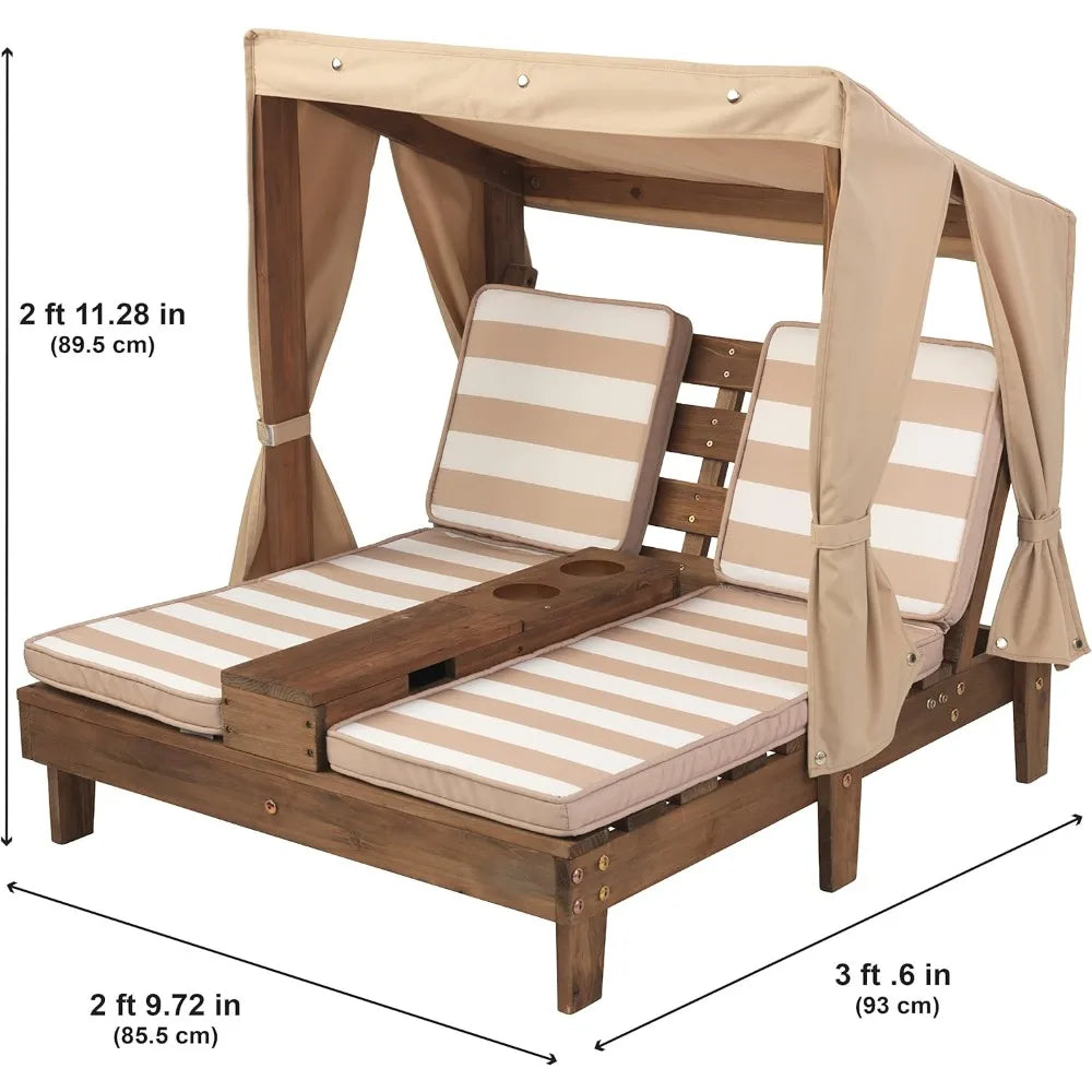 Wooden Outdoor Double Chaise Lounge with Cup Holders