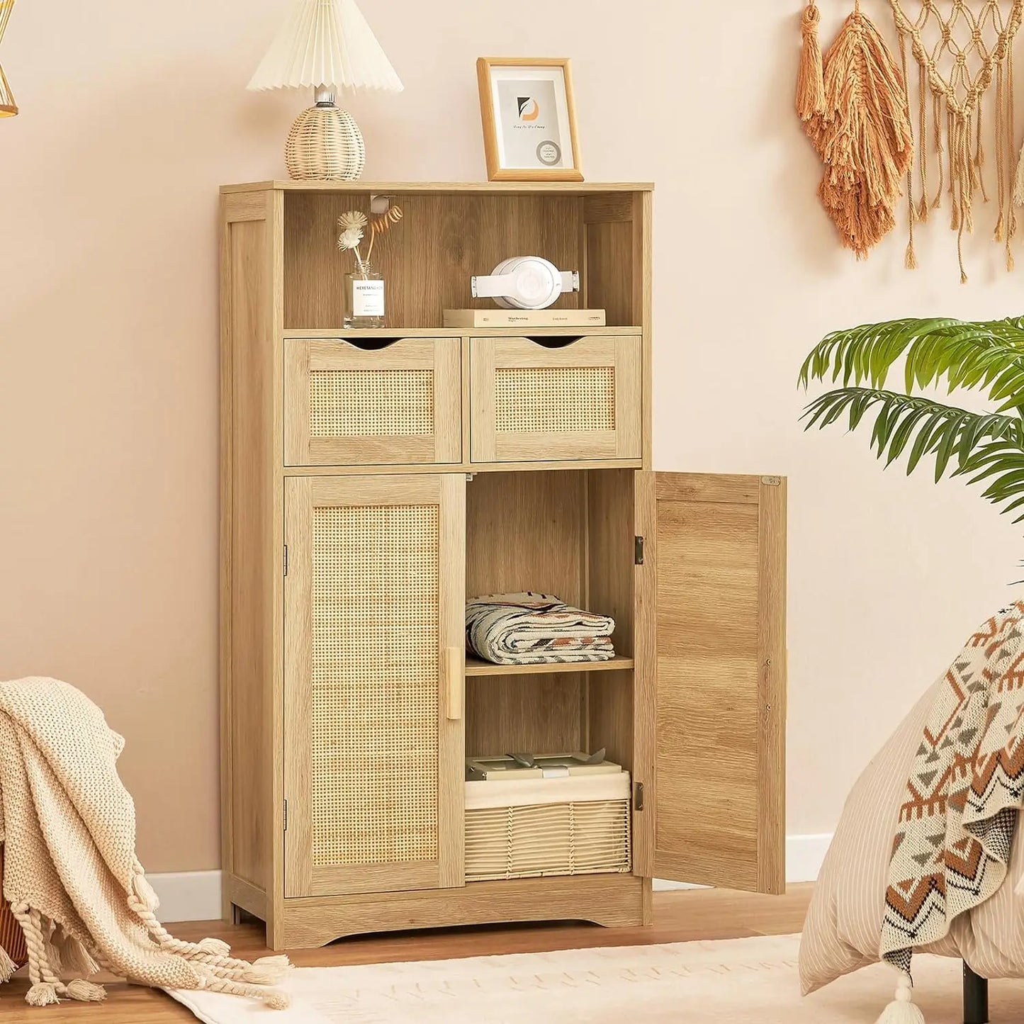 Bathroom Cabinet with 2 Rattan Doors