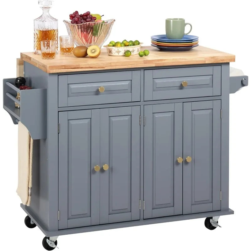 Rolling Kitchen Island With Drop Leaf, Thicken Rubberwood Top, Spice Rack, Towel Rack, Drawer, 43.3" Portable Mobile Ki