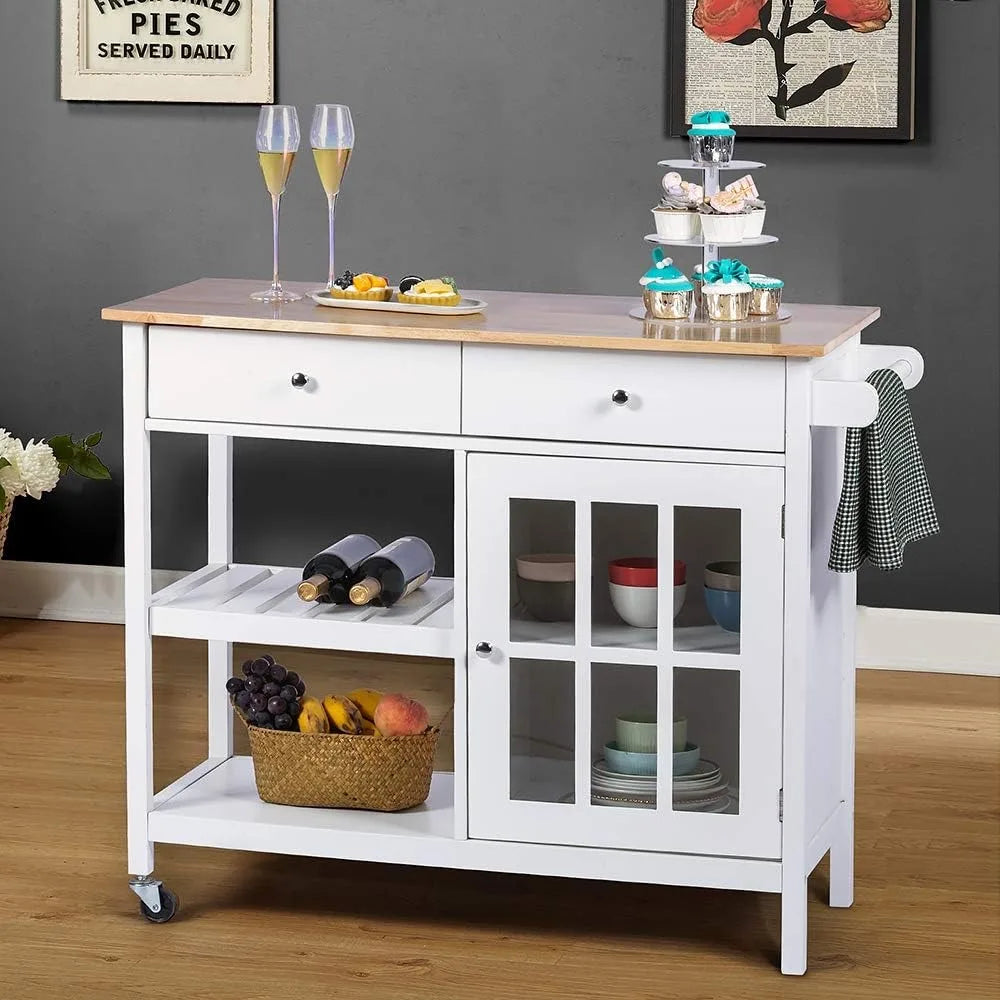 Portable kitchen island trolley with wooden top drawer and glass door cabinet, wine rack, towel rack, white color