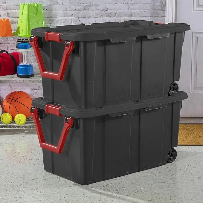 40 Gallon/151 Liter Wheeled Industrial Tote, Black Lid & Base w/Racer Red Handle & Latches, 4/6-Pack