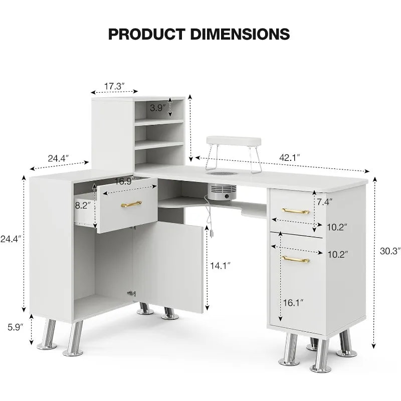 L-Shaped Nail Station with Storage Cabinets