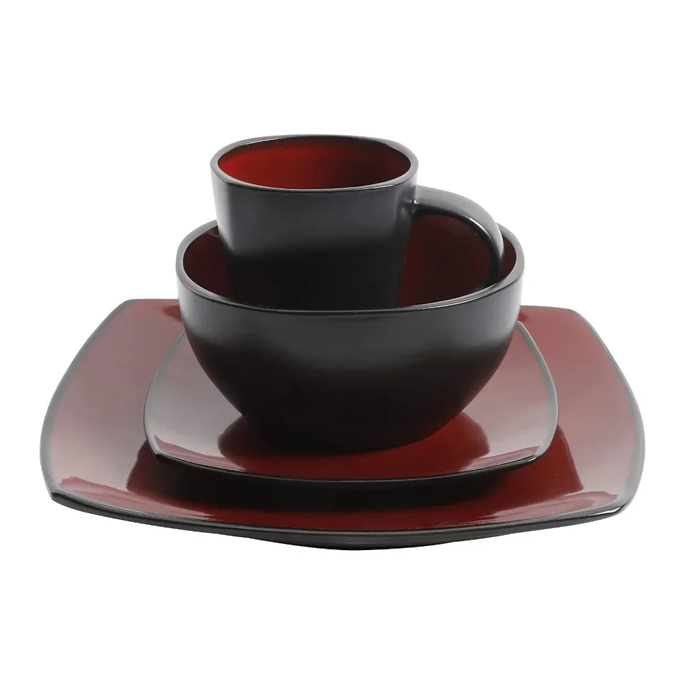 Soho Lounge Square 16-Piece Dinnerware Set - Red Dish Plates