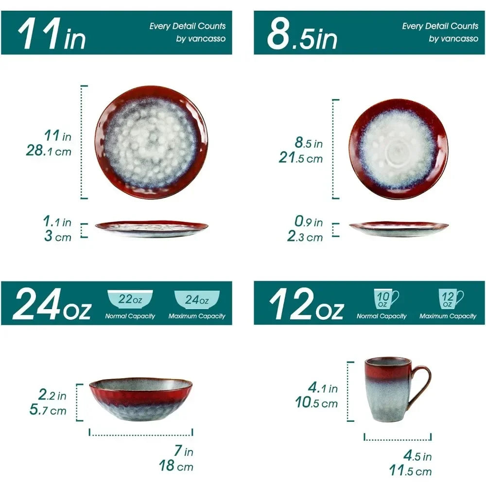 16 Pieces Red Dinnerware Set, Reactive Change Glaze Dinner Set, Plates and Bowls Set, Perfect Gift Choice, Safe To Use