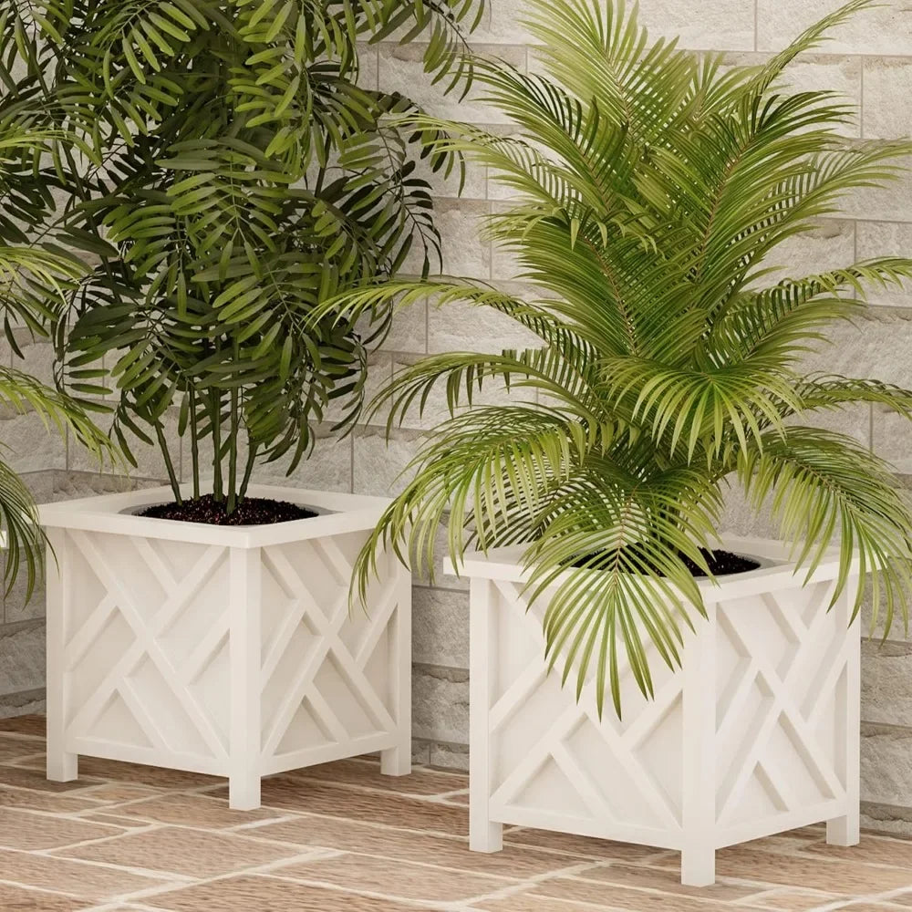 Lattice Design Planter Box 2-Pack – 14.75-Inch Decorative Outdoor Flower or Plant Pots – Front Porch, Patio