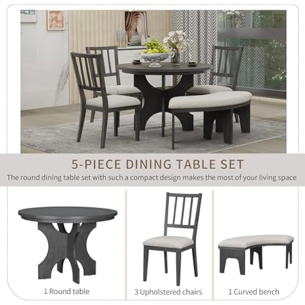 Round Curved Bench & Side 4-5 People,5 Piece, 44" Special-Shaped Legs, 5pc Kitchen Chairs and Table Set for Dining Room (Grey)