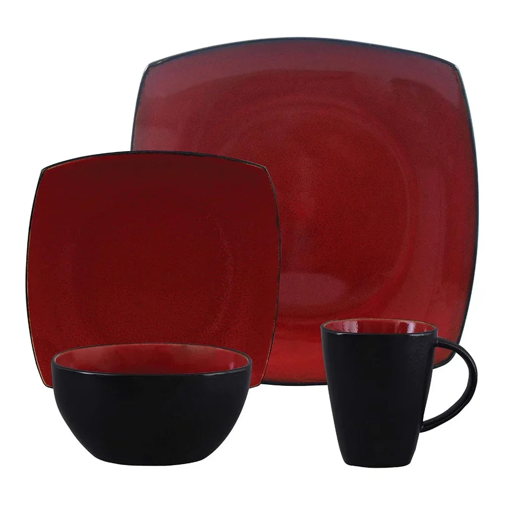 Soho Lounge Square 16-Piece Dinnerware Set - Red Dish Plates