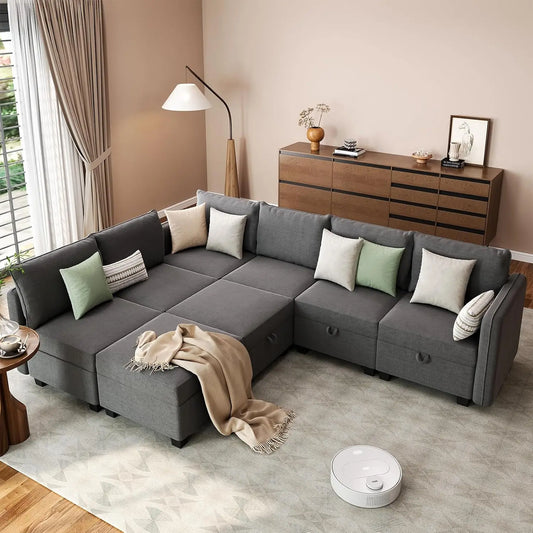 Modular Sectional Sofa, Convertible Modular Couch with Storage, Velvet Modular Sectionals with Ottomans, Oversized Sleeper Couch