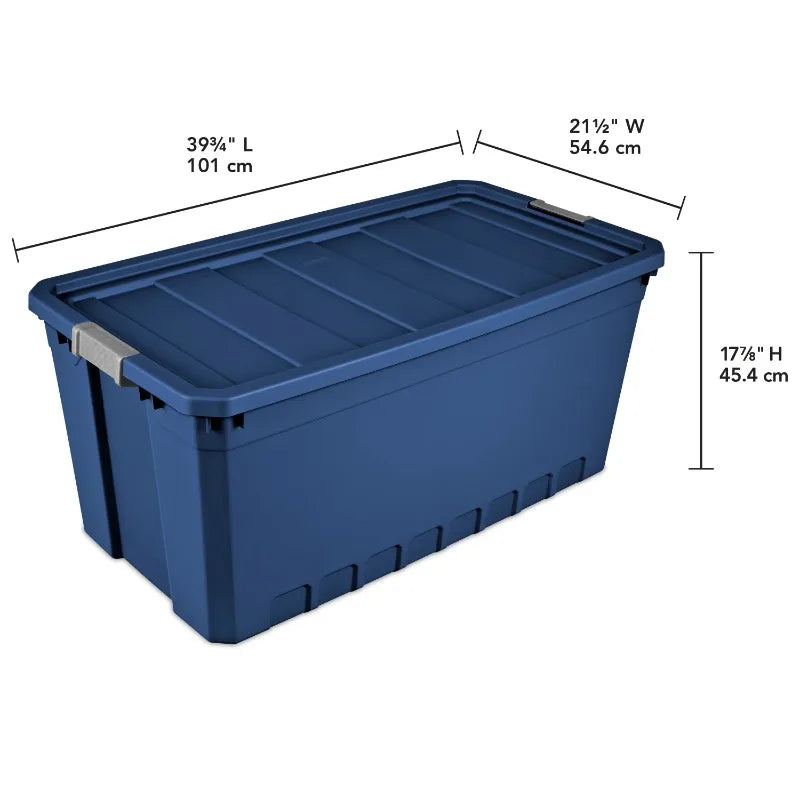 50-Gallon Large Stackable Rugged Industrial Storage Tote Container with Gray Latching Clip Lid for Garage, Attic, Worksite