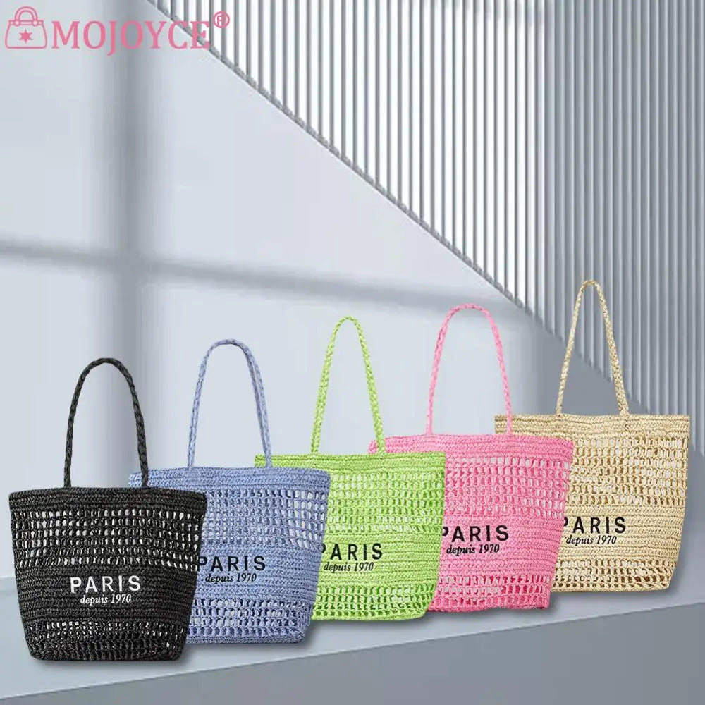 Women Straw Shoulder Bag Large Capacity Embroidered Letter Bag Versatile Hollow Out Handbag Summer Beach Purse