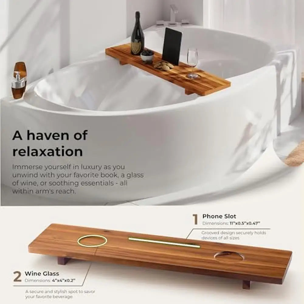 Bamboo Bath Tray Table 35x9 Large Bathtub Caddy Rack Wooden Phone Tablet Wine Glass Holder Spa Organizer.