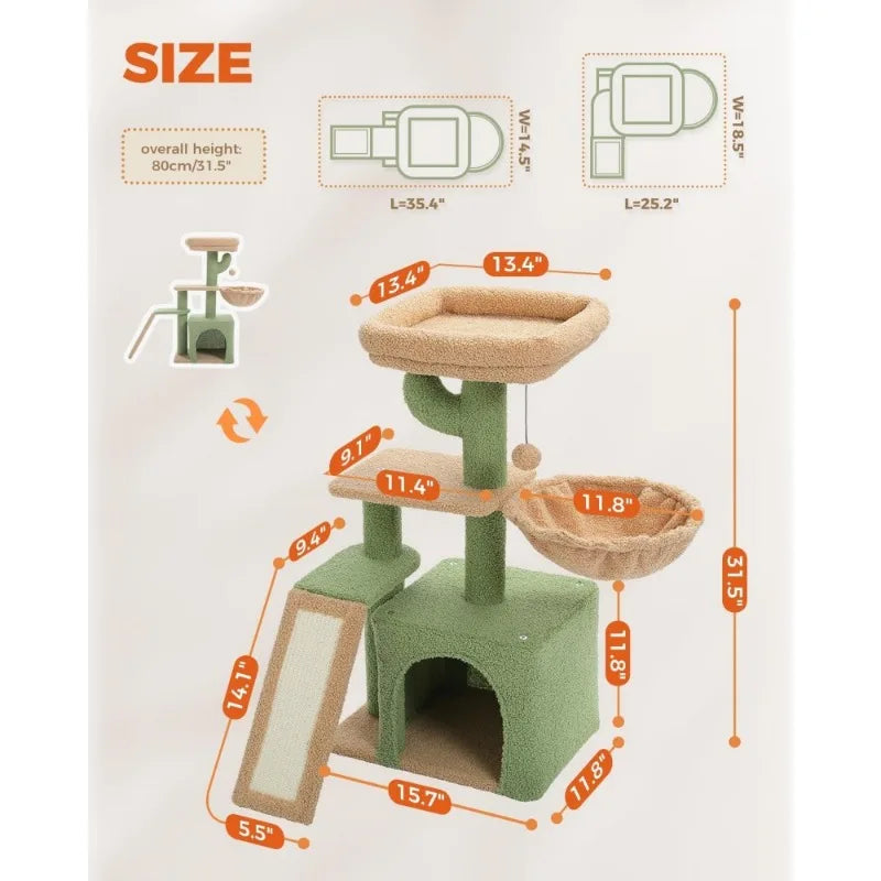 Cactus Cat Tree for Indoor Cats,Cute Cat Tower Cat Condo with Sisal Scratching Ramp, Cozy Hammock and Removable Top Bed Perch