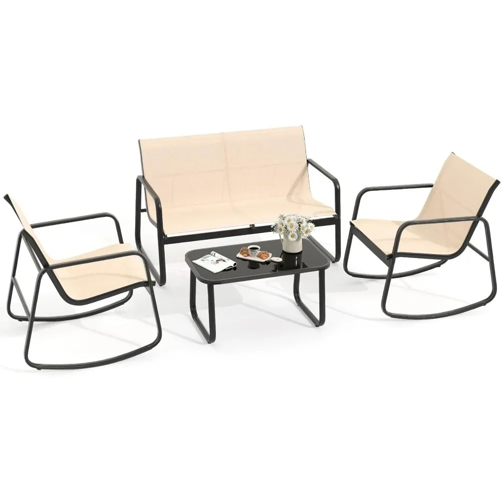 4 Piece Patio Furniture Set, Small Backyard Bistro Rocking Chairs, Loveseat and Glass Table, Textilene Outdoor Conversation Set