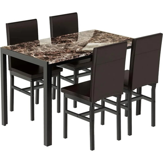 Dining Table Faux Marble Dining Set for Small Spaces Kitchen 4 Table With Chairs Home Furniture (Brown)