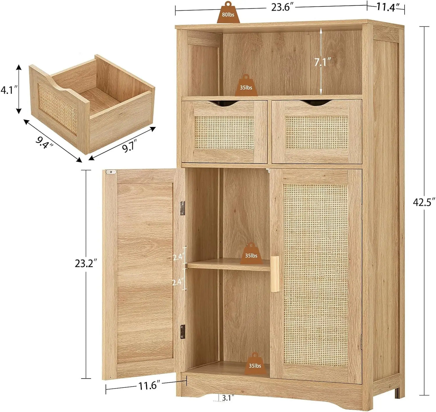 Bathroom Cabinet with 2 Rattan Doors