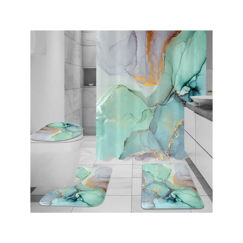 4 Pcs Shower Curtain Set with Non-Slip Rugs Toilet Lid Cover and Bath Mat, Green Marble Bathroom Decor Set with Accessories