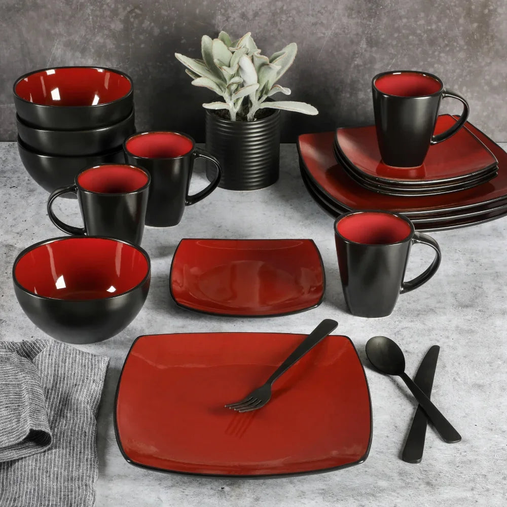 Soho Lounge Square 16-Piece Dinnerware Set - Red Dish Plates