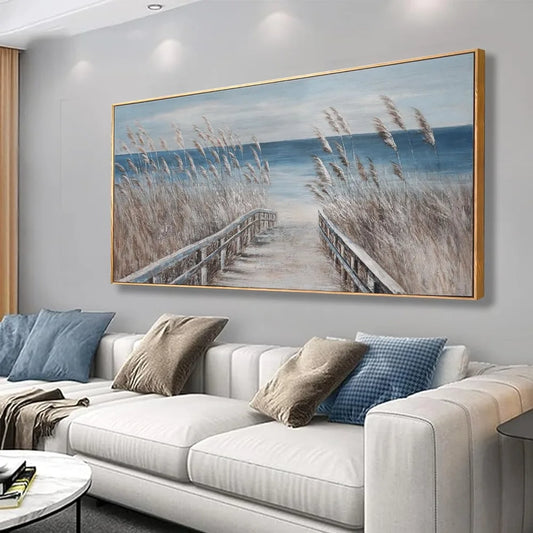 Wall Art Decor Wall Canvas Painting Reed And Blue Coast Landscape Decor Framed For Living Room Bedroom 24"x48"