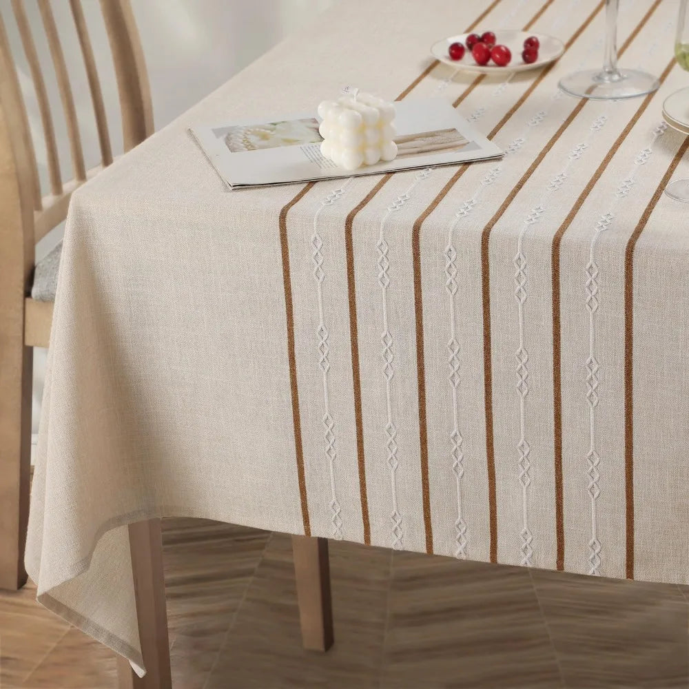 Rustic Linen Table Cloth Boho Style Beige Striped,Kitchen Dining Room Tablecloths for Rectangle Table,Washable Wrinkle Resistant