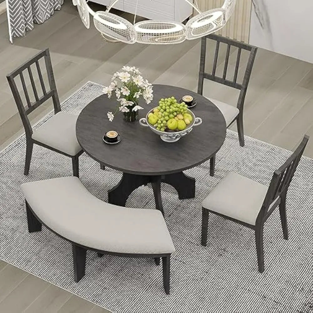 Round Curved Bench & Side 4-5 People,5 Piece, 44" Special-Shaped Legs, 5pc Kitchen Chairs and Table Set for Dining Room (Grey)