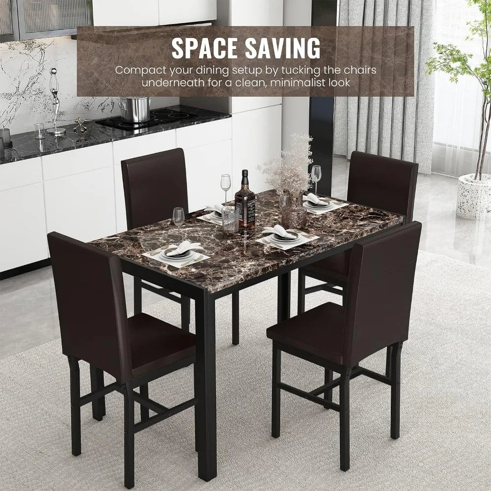 Dining Table Faux Marble Dining Set for Small Spaces Kitchen 4 Table With Chairs Home Furniture (Brown)