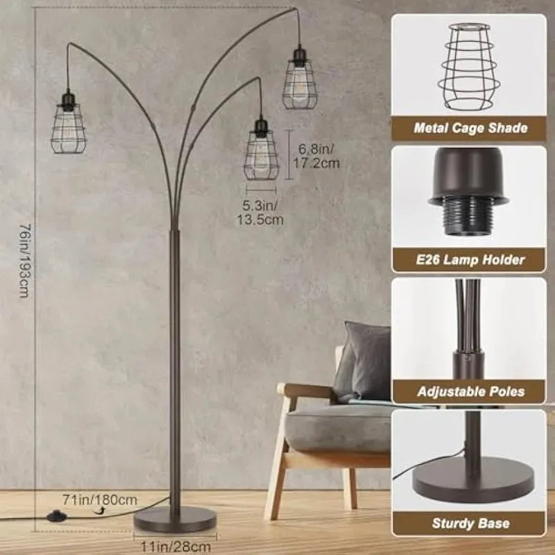 Industrial Floor Lamp, 3 Light Arc Floor Lamps for Living Room, 76 Inch Tall Standing Lamp with Metal Cage Shades & Foot Switch