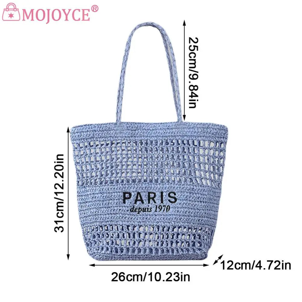 Women Straw Shoulder Bag Large Capacity Embroidered Letter Bag Versatile Hollow Out Handbag Summer Beach Purse