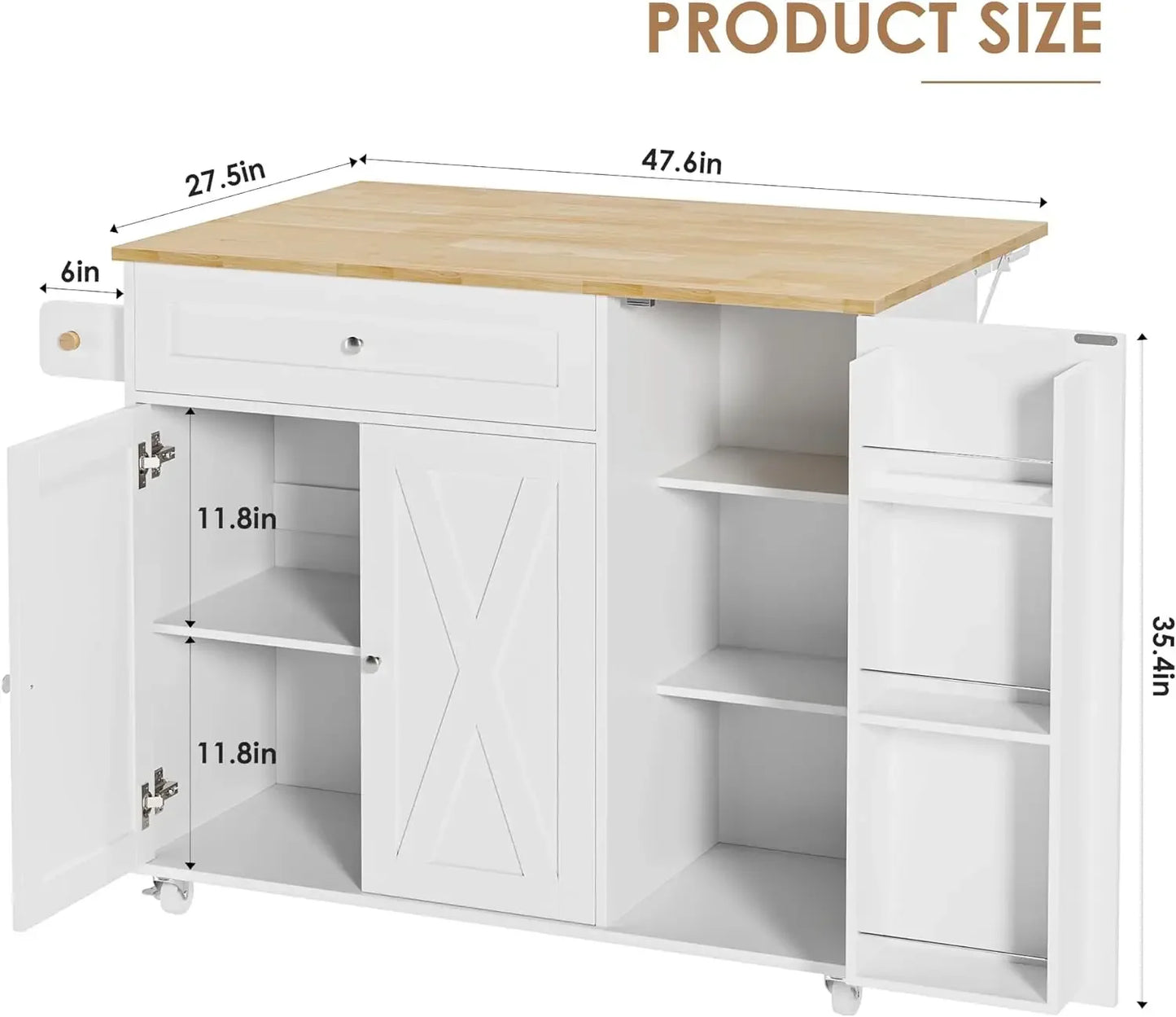 BOTLOG Kitchen Island with Storage, Island Table on Wheels, Spice Rack, Drawers, Towel Rack, Rolling Kitchen Island Trolley