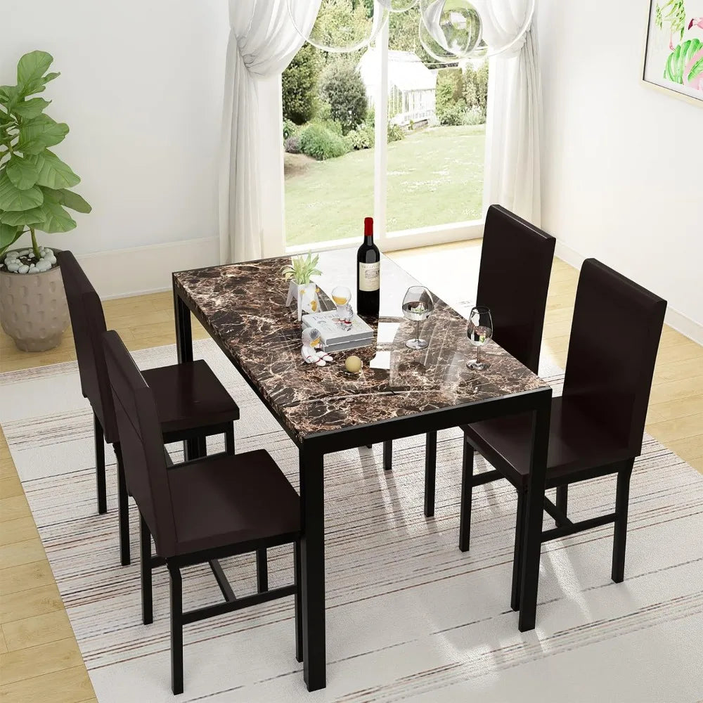 Dining Table Faux Marble Dining Set for Small Spaces Kitchen 4 Table With Chairs Home Furniture (Brown)