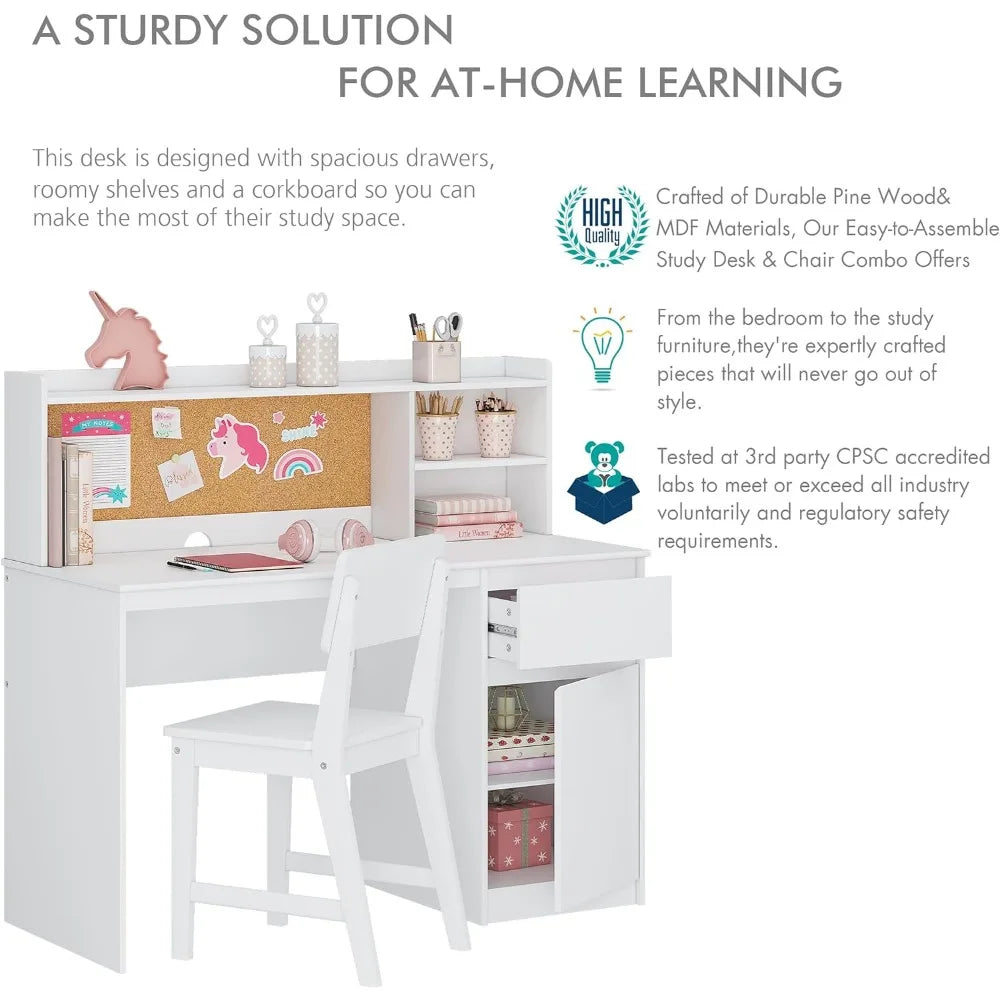 Kids Study Desk with Chair, Kids Desk and Chair Sets with Hutch and Storage Cabinet, Wooden Children Study Table