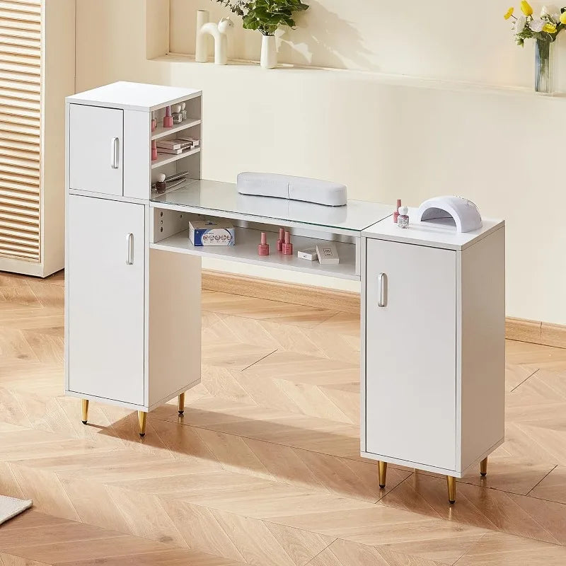 Glass Top Makeup Dressing Station with Storage Cabinets