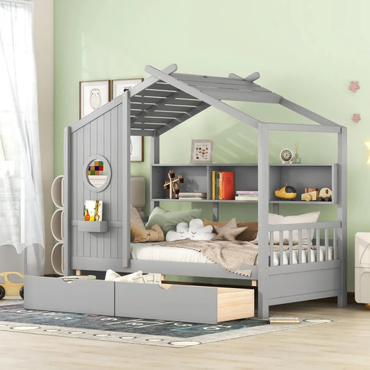 Twin House Bed with Storage Drawers & Bookcase,Solid Wood Playhouse Bed for Kids Teens Girls Boys (Twin Size, Gray)