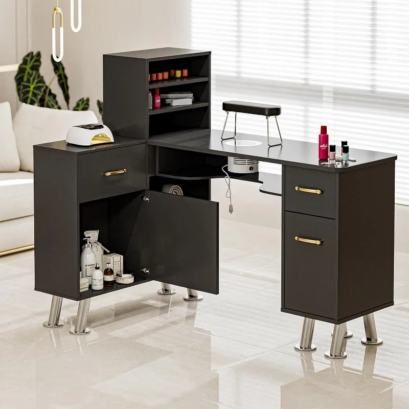 L-Shaped Nail Station with Storage Cabinets