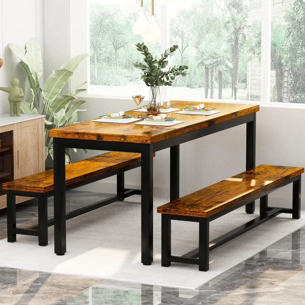 Dining Room Table Set, Kitchen Set with 2Benches, Ideal for Home, and Room, Breakfast of 43.3x23.6x28.5inches  wooden table top