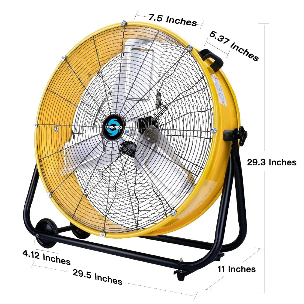 24 Inch High Velocity Heavy Duty Tilt Metal Drum Fan Yellow Commercial, Industrial Use 3 Speed