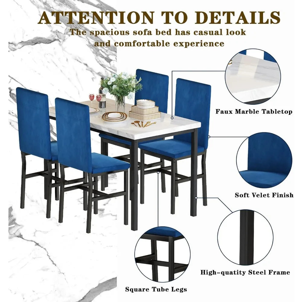 Dining Table Set for 4- Space Saving Kitchen Table and Chairs for 4, Modern Style Faux Marble Tabletop & 4 Blue Velvet Chairs