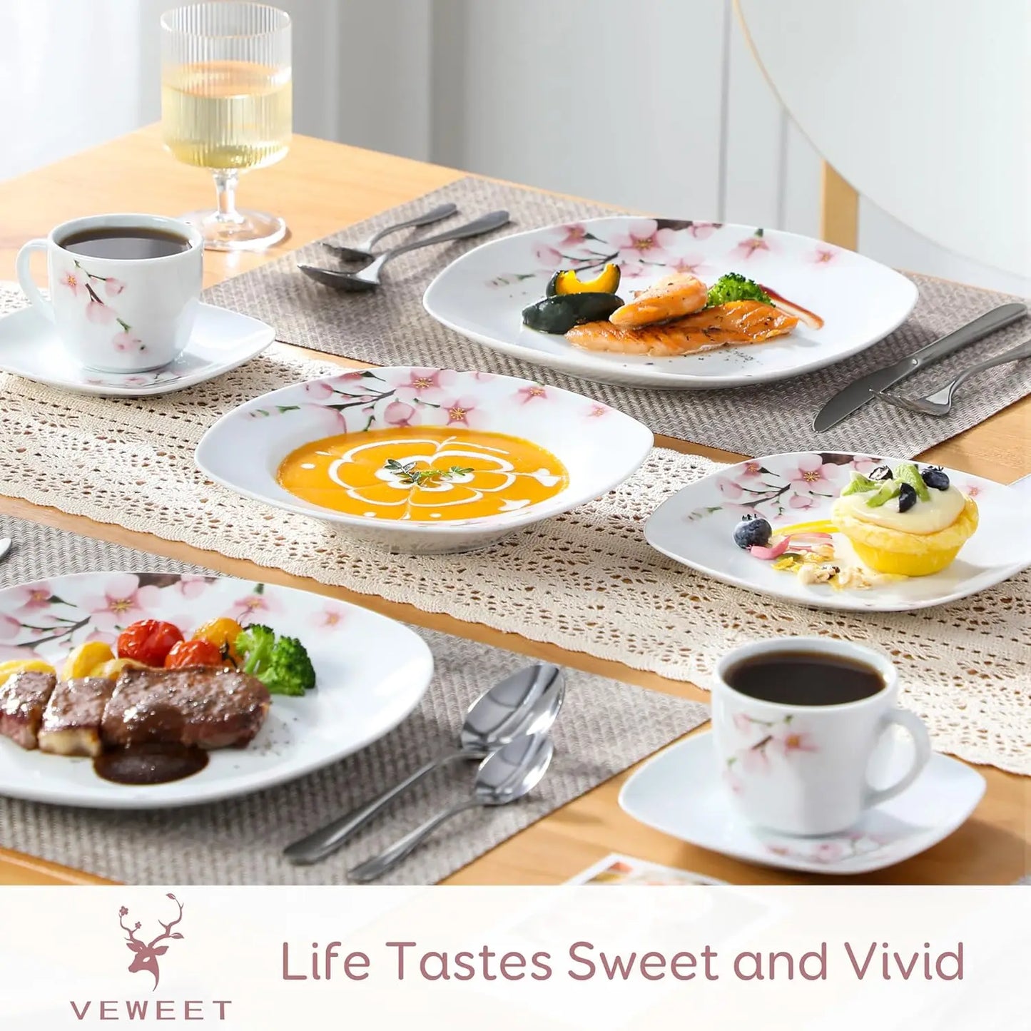 VEWEET, Series Annie, Porcelain Dinnerware Sets for 6, White Dish Set with Pink Floral, 30 PCS Dinner Sets Including Dinner