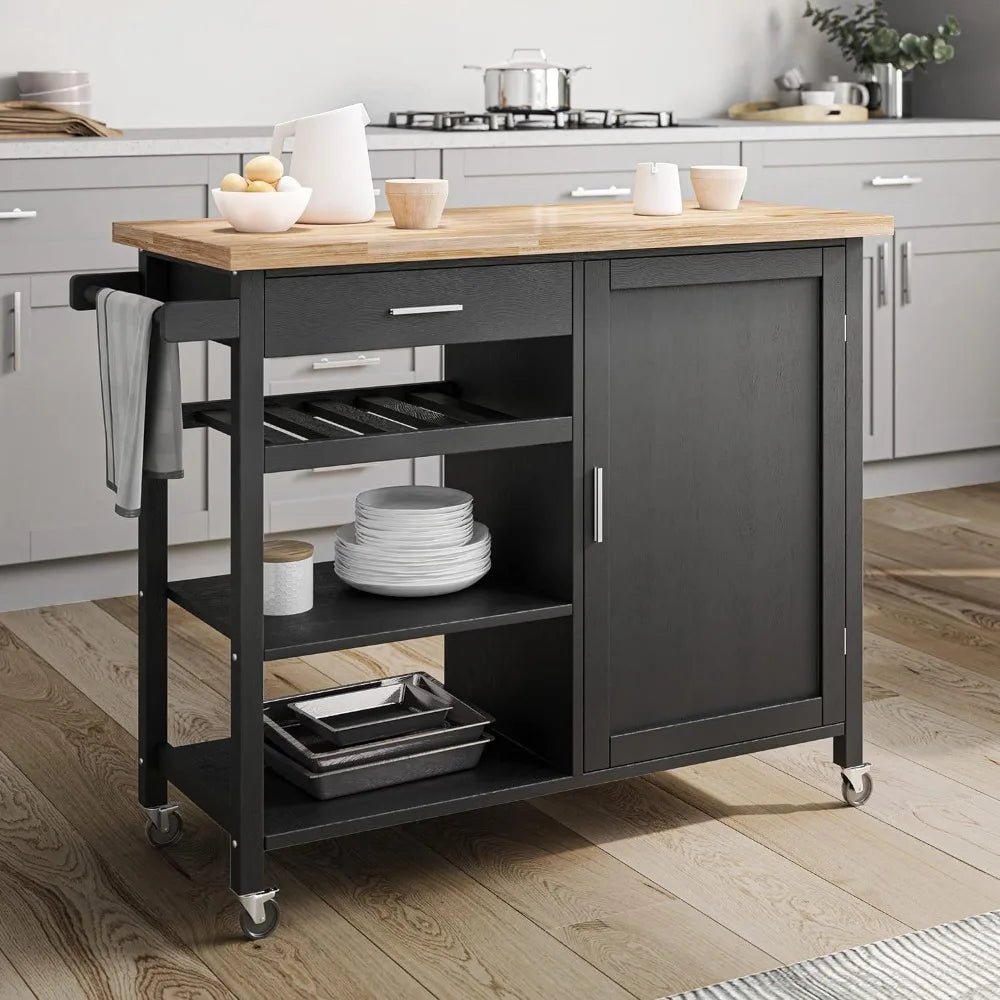 BELLEZE Modern Rolling Kitchen Island Utility Cart with a Drawer, Storage Cabinet, Handle Towel Rack, Rubber Wood Top, and Caste